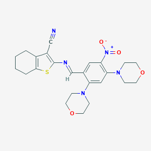 molecular formula C24H27N5O4S B402709 2-{[5-Nitro-2,4-di(4-morpholinyl)benzylidene]amino}-4,5,6,7-tetrahydro-1-benzothiophene-3-carbonitrile 