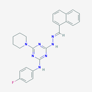 molecular formula C25H24FN7 B402747 N-(4-FLUOROPHENYL)-4-[(2E)-2-[(NAPHTHALEN-1-YL)METHYLIDENE]HYDRAZIN-1-YL]-6-(PIPERIDIN-1-YL)-1,3,5-TRIAZIN-2-AMINE 