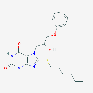 molecular formula C21H28N4O4S B402790 8-(hexylsulfanyl)-7-(2-hydroxy-3-phenoxypropyl)-3-methyl-3,7-dihydro-1H-purine-2,6-dione CAS No. 331675-52-6