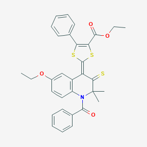 molecular formula C32H29NO4S3 B402907 ethyl 2-(1-benzoyl-6-ethoxy-2,2-dimethyl-3-thioxo-2,3-dihydro-4(1H)-quinolinylidene)-5-phenyl-1,3-dithiole-4-carboxylate 
