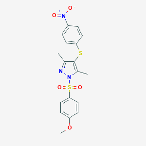 molecular formula C18H17N3O5S2 B403490 4-({3,5-dimethyl-4-[(4-nitrophenyl)thio]-1H-pyrazol-1-yl}sulfonyl)phenyl methyl ether 