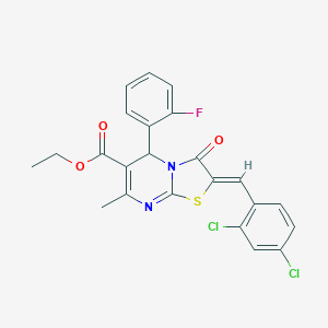 molecular formula C23H17Cl2FN2O3S B403699 ethyl 2-(2,4-dichlorobenzylidene)-5-(2-fluorophenyl)-7-methyl-3-oxo-2,3-dihydro-5H-[1,3]thiazolo[3,2-a]pyrimidine-6-carboxylate 