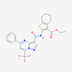 molecular formula C25H21F3N4O3S B403875 ETHYL 2-[5-PHENYL-7-(TRIFLUOROMETHYL)PYRAZOLO[1,5-A]PYRIMIDINE-3-AMIDO]-4,5,6,7-TETRAHYDRO-1-BENZOTHIOPHENE-3-CARBOXYLATE 