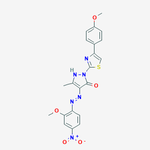 molecular formula C21H18N6O5S B403889 (4E)-4-[2-(2-METHOXY-4-NITROPHENYL)HYDRAZIN-1-YLIDENE]-1-[4-(4-METHOXYPHENYL)-1,3-THIAZOL-2-YL]-3-METHYL-4,5-DIHYDRO-1H-PYRAZOL-5-ONE 