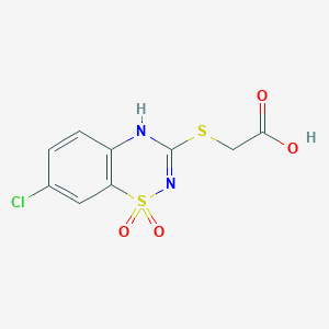 molecular formula C9H7ClN2O4S2 B040392 3-[(Carboxymethyl)thio]-7-chloro-4H-1,2,4-benzothiadiazine 1,1-dioxide CAS No. 114260-71-8
