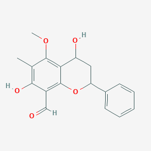molecular formula C18H18O5 B040400 4,7-Dihydroxy-5-methoxy-6-methyl-8-formylflavan CAS No. 121230-30-6