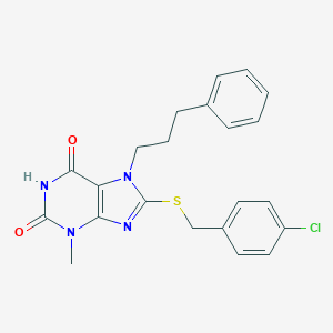 molecular formula C22H21ClN4O2S B404130 8-[(4-chlorobenzyl)sulfanyl]-3-methyl-7-(3-phenylpropyl)-3,7-dihydro-1H-purine-2,6-dione CAS No. 370077-18-2