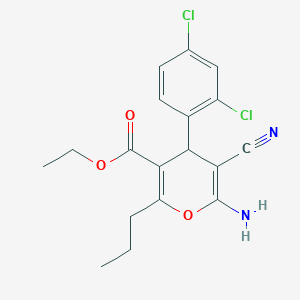 molecular formula C18H18Cl2N2O3 B404424 ethyl 6-amino-5-cyano-4-(2,4-dichlorophenyl)-2-propyl-4H-pyran-3-carboxylate 