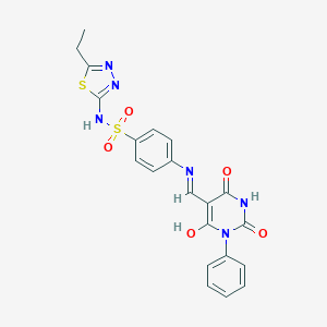 molecular formula C21H18N6O5S2 B404765 N-(5-ethyl-1,3,4-thiadiazol-2-yl)-4-{[(2,4,6-trioxo-1-phenyltetrahydro-5(2H)-pyrimidinylidene)methyl]amino}benzenesulfonamide 