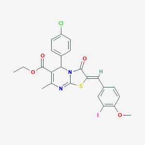 molecular formula C24H20ClIN2O4S B404781 ETHYL (2Z)-5-(4-CHLOROPHENYL)-2-[(3-IODO-4-METHOXYPHENYL)METHYLIDENE]-7-METHYL-3-OXO-2H,3H,5H-[1,3]THIAZOLO[3,2-A]PYRIMIDINE-6-CARBOXYLATE 