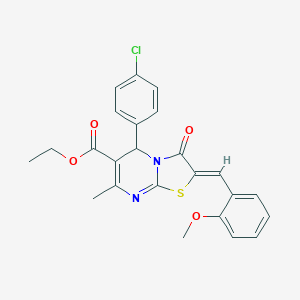 molecular formula C24H21ClN2O4S B404828 ETHYL (2Z)-5-(4-CHLOROPHENYL)-2-[(2-METHOXYPHENYL)METHYLIDENE]-7-METHYL-3-OXO-2H,3H,5H-[1,3]THIAZOLO[3,2-A]PYRIMIDINE-6-CARBOXYLATE 