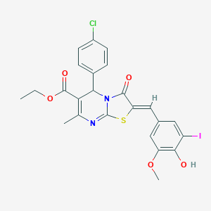 molecular formula C24H20ClIN2O5S B404830 ETHYL (2Z)-5-(4-CHLOROPHENYL)-2-[(4-HYDROXY-3-IODO-5-METHOXYPHENYL)METHYLIDENE]-7-METHYL-3-OXO-2H,3H,5H-[1,3]THIAZOLO[3,2-A]PYRIMIDINE-6-CARBOXYLATE 