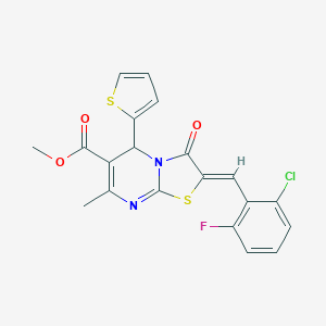 molecular formula C20H14ClFN2O3S2 B405234 methyl (2Z)-2-[(2-chloro-6-fluorophenyl)methylidene]-7-methyl-3-oxo-5-thiophen-2-yl-5H-[1,3]thiazolo[3,2-a]pyrimidine-6-carboxylate CAS No. 324071-47-8