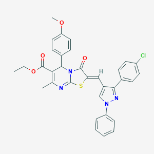 molecular formula C33H27ClN4O4S B405235 ETHYL (2Z)-2-{[3-(4-CHLOROPHENYL)-1-PHENYL-1H-PYRAZOL-4-YL]METHYLIDENE}-5-(4-METHOXYPHENYL)-7-METHYL-3-OXO-2H,3H,5H-[1,3]THIAZOLO[3,2-A]PYRIMIDINE-6-CARBOXYLATE 