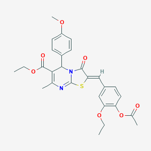 molecular formula C28H28N2O7S B405236 ETHYL (2Z)-2-{[4-(ACETYLOXY)-3-ETHOXYPHENYL]METHYLIDENE}-5-(4-METHOXYPHENYL)-7-METHYL-3-OXO-2H,3H,5H-[1,3]THIAZOLO[3,2-A]PYRIMIDINE-6-CARBOXYLATE 