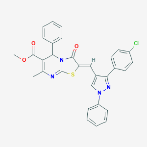molecular formula C31H23ClN4O3S B405243 METHYL (2Z)-2-{[3-(4-CHLOROPHENYL)-1-PHENYL-1H-PYRAZOL-4-YL]METHYLIDENE}-7-METHYL-3-OXO-5-PHENYL-2H,3H,5H-[1,3]THIAZOLO[3,2-A]PYRIMIDINE-6-CARBOXYLATE 