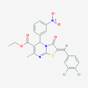 molecular formula C23H17Cl2N3O5S B405258 ETHYL (2Z)-2-[(3,4-DICHLOROPHENYL)METHYLIDENE]-7-METHYL-5-(3-NITROPHENYL)-3-OXO-2H,3H,5H-[1,3]THIAZOLO[3,2-A]PYRIMIDINE-6-CARBOXYLATE 