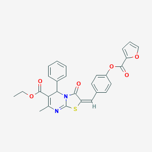 molecular formula C28H22N2O6S B405259 ETHYL (2E)-2-{[4-(FURAN-2-CARBONYLOXY)PHENYL]METHYLIDENE}-7-METHYL-3-OXO-5-PHENYL-2H,3H,5H-[1,3]THIAZOLO[3,2-A]PYRIMIDINE-6-CARBOXYLATE 