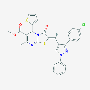 molecular formula C29H21ClN4O3S2 B405260 METHYL (2Z)-2-{[3-(4-CHLOROPHENYL)-1-PHENYL-1H-PYRAZOL-4-YL]METHYLIDENE}-7-METHYL-3-OXO-5-(THIOPHEN-2-YL)-2H,3H,5H-[1,3]THIAZOLO[3,2-A]PYRIMIDINE-6-CARBOXYLATE 