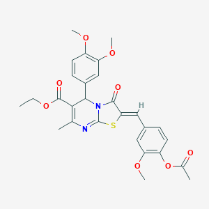 molecular formula C28H28N2O8S B405284 ETHYL (2Z)-2-{[4-(ACETYLOXY)-3-METHOXYPHENYL]METHYLIDENE}-5-(3,4-DIMETHOXYPHENYL)-7-METHYL-3-OXO-2H,3H,5H-[1,3]THIAZOLO[3,2-A]PYRIMIDINE-6-CARBOXYLATE 