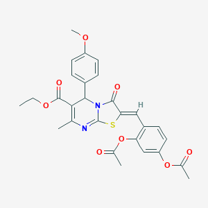 molecular formula C28H26N2O8S B405285 ETHYL (2Z)-2-{[2,4-BIS(ACETYLOXY)PHENYL]METHYLIDENE}-5-(4-METHOXYPHENYL)-7-METHYL-3-OXO-2H,3H,5H-[1,3]THIAZOLO[3,2-A]PYRIMIDINE-6-CARBOXYLATE 