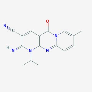 molecular formula C16H15N5O B405293 6-imino-13-methyl-2-oxo-7-propan-2-yl-1,7,9-triazatricyclo[8.4.0.03,8]tetradeca-3(8),4,9,11,13-pentaene-5-carbonitrile 