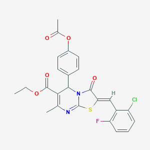 molecular formula C25H20ClFN2O5S B405429 ETHYL (2Z)-5-[4-(ACETYLOXY)PHENYL]-2-[(2-CHLORO-6-FLUOROPHENYL)METHYLIDENE]-7-METHYL-3-OXO-2H,3H,5H-[1,3]THIAZOLO[3,2-A]PYRIMIDINE-6-CARBOXYLATE 