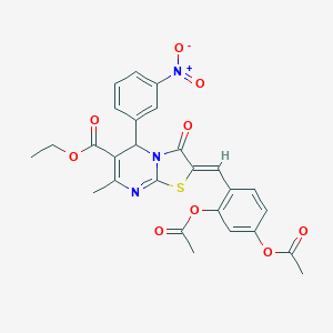 molecular formula C27H23N3O9S B405435 ETHYL (2Z)-2-{[2,4-BIS(ACETYLOXY)PHENYL]METHYLIDENE}-7-METHYL-5-(3-NITROPHENYL)-3-OXO-2H,3H,5H-[1,3]THIAZOLO[3,2-A]PYRIMIDINE-6-CARBOXYLATE 