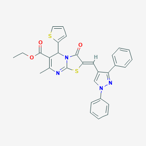 molecular formula C30H24N4O3S2 B405454 ETHYL (2Z)-2-[(1,3-DIPHENYL-1H-PYRAZOL-4-YL)METHYLIDENE]-7-METHYL-3-OXO-5-(THIOPHEN-2-YL)-2H,3H,5H-[1,3]THIAZOLO[3,2-A]PYRIMIDINE-6-CARBOXYLATE 