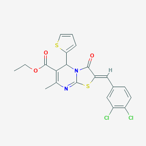 molecular formula C21H16Cl2N2O3S2 B405455 ETHYL (2Z)-2-[(3,4-DICHLOROPHENYL)METHYLIDENE]-7-METHYL-3-OXO-5-(THIOPHEN-2-YL)-2H,3H,5H-[1,3]THIAZOLO[3,2-A]PYRIMIDINE-6-CARBOXYLATE 