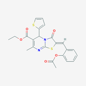 molecular formula C23H20N2O5S2 B405460 ETHYL (2Z)-2-{[2-(ACETYLOXY)PHENYL]METHYLIDENE}-7-METHYL-3-OXO-5-(THIOPHEN-2-YL)-2H,3H,5H-[1,3]THIAZOLO[3,2-A]PYRIMIDINE-6-CARBOXYLATE 