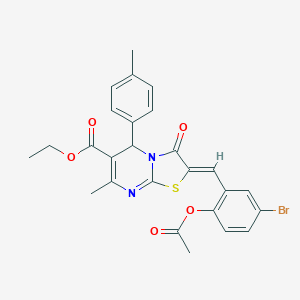 molecular formula C26H23BrN2O5S B405463 ETHYL (2Z)-2-{[2-(ACETYLOXY)-5-BROMOPHENYL]METHYLIDENE}-7-METHYL-5-(4-METHYLPHENYL)-3-OXO-2H,3H,5H-[1,3]THIAZOLO[3,2-A]PYRIMIDINE-6-CARBOXYLATE 