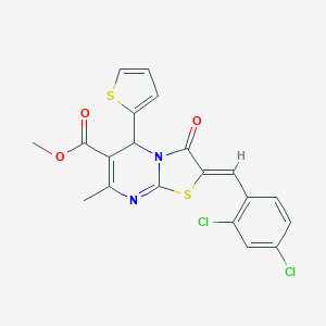 molecular formula C20H14Cl2N2O3S2 B405466 METHYL (2Z)-2-[(2,4-DICHLOROPHENYL)METHYLIDENE]-7-METHYL-3-OXO-5-(THIOPHEN-2-YL)-2H,3H,5H-[1,3]THIAZOLO[3,2-A]PYRIMIDINE-6-CARBOXYLATE 