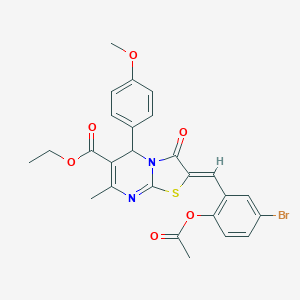 molecular formula C26H23BrN2O6S B405468 ETHYL (2Z)-2-{[2-(ACETYLOXY)-5-BROMOPHENYL]METHYLIDENE}-5-(4-METHOXYPHENYL)-7-METHYL-3-OXO-2H,3H,5H-[1,3]THIAZOLO[3,2-A]PYRIMIDINE-6-CARBOXYLATE 
