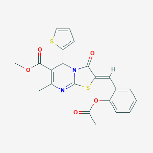 molecular formula C22H18N2O5S2 B405469 METHYL (2Z)-2-{[2-(ACETYLOXY)PHENYL]METHYLIDENE}-7-METHYL-3-OXO-5-(THIOPHEN-2-YL)-2H,3H,5H-[1,3]THIAZOLO[3,2-A]PYRIMIDINE-6-CARBOXYLATE 