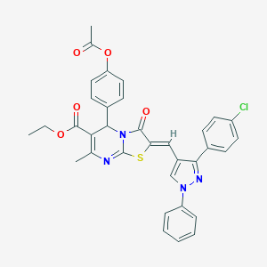 molecular formula C34H27ClN4O5S B405472 ETHYL (2Z)-5-[4-(ACETYLOXY)PHENYL]-2-{[3-(4-CHLOROPHENYL)-1-PHENYL-1H-PYRAZOL-4-YL]METHYLENE}-7-METHYL-3-OXO-2,3-DIHYDRO-5H-[1,3]THIAZOLO[3,2-A]PYRIMIDINE-6-CARBOXYLATE 