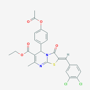 molecular formula C25H20Cl2N2O5S B405474 ETHYL (2Z)-5-[4-(ACETYLOXY)PHENYL]-2-[(3,4-DICHLOROPHENYL)METHYLIDENE]-7-METHYL-3-OXO-2H,3H,5H-[1,3]THIAZOLO[3,2-A]PYRIMIDINE-6-CARBOXYLATE 