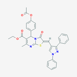 molecular formula C34H28N4O5S B405476 ethyl 5-[4-(acetyloxy)phenyl]-2-[(1,3-diphenyl-1H-pyrazol-4-yl)methylene]-7-methyl-3-oxo-2,3-dihydro-5H-[1,3]thiazolo[3,2-a]pyrimidine-6-carboxylate 