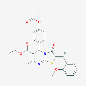 molecular formula C26H24N2O6S B405479 ETHYL (2Z)-5-[4-(ACETYLOXY)PHENYL]-2-[(2-METHOXYPHENYL)METHYLIDENE]-7-METHYL-3-OXO-2H,3H,5H-[1,3]THIAZOLO[3,2-A]PYRIMIDINE-6-CARBOXYLATE 