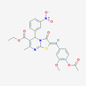 molecular formula C26H23N3O8S B405487 ETHYL (2Z)-2-{[4-(ACETYLOXY)-3-METHOXYPHENYL]METHYLIDENE}-7-METHYL-5-(3-NITROPHENYL)-3-OXO-2H,3H,5H-[1,3]THIAZOLO[3,2-A]PYRIMIDINE-6-CARBOXYLATE 