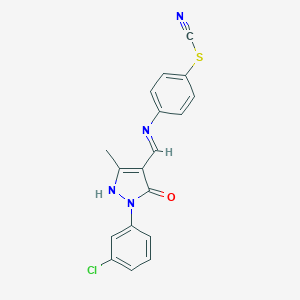 molecular formula C18H13ClN4OS B405743 4-({(E)-[1-(3-chlorophenyl)-3-methyl-5-oxo-1,5-dihydro-4H-pyrazol-4-ylidene]methyl}amino)phenyl thiocyanate 