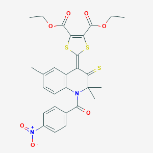 molecular formula C28H26N2O7S3 B405989 4,5-DIETHYL 2-[2,2,6-TRIMETHYL-1-(4-NITROBENZOYL)-3-SULFANYLIDENE-1,2,3,4-TETRAHYDROQUINOLIN-4-YLIDENE]-2H-1,3-DITHIOLE-4,5-DICARBOXYLATE 