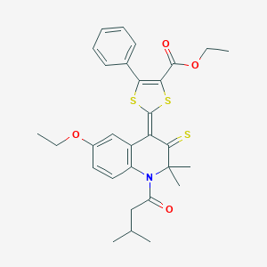 molecular formula C30H33NO4S3 B406003 ETHYL 2-[(4Z)-6-ETHOXY-2,2-DIMETHYL-1-(3-METHYLBUTANOYL)-3-SULFANYLIDENE-1,2,3,4-TETRAHYDROQUINOLIN-4-YLIDENE]-5-PHENYL-2H-1,3-DITHIOLE-4-CARBOXYLATE 