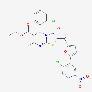 molecular formula C27H19Cl2N3O6S B406073 ETHYL (2Z)-2-{[5-(2-CHLORO-5-NITROPHENYL)FURAN-2-YL]METHYLIDENE}-5-(2-CHLOROPHENYL)-7-METHYL-3-OXO-2H,3H,5H-[1,3]THIAZOLO[3,2-A]PYRIMIDINE-6-CARBOXYLATE 