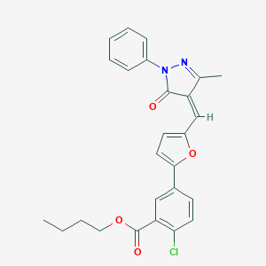 molecular formula C26H23ClN2O4 B406170 BUTYL 2-CHLORO-5-(5-{[(4Z)-3-METHYL-5-OXO-1-PHENYL-4,5-DIHYDRO-1H-PYRAZOL-4-YLIDENE]METHYL}FURAN-2-YL)BENZOATE 