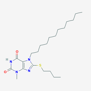 molecular formula C22H38N4O2S B406202 8-(butylsulfanyl)-7-dodecyl-3-methyl-3,7-dihydro-1H-purine-2,6-dione CAS No. 316361-73-6