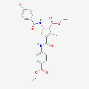 molecular formula C25H23FN2O6S B406225 ETHYL 5-{[4-(ETHOXYCARBONYL)PHENYL]CARBAMOYL}-2-(4-FLUOROBENZAMIDO)-4-METHYLTHIOPHENE-3-CARBOXYLATE 