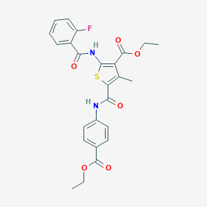 molecular formula C25H23FN2O6S B406226 ETHYL 5-{[4-(ETHOXYCARBONYL)PHENYL]CARBAMOYL}-2-(2-FLUOROBENZAMIDO)-4-METHYLTHIOPHENE-3-CARBOXYLATE 