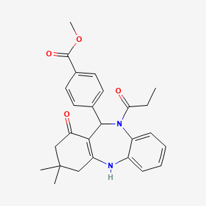 molecular formula C26H28N2O4 B4062631 methyl 4-(1-hydroxy-3,3-dimethyl-10-propanoyl-3,4,10,11-tetrahydro-2H-dibenzo[b,e][1,4]diazepin-11-yl)benzoate 