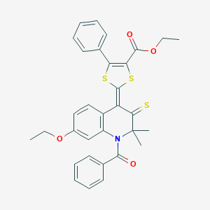 molecular formula C32H29NO4S3 B406268 ethyl (2Z)-2-[7-ethoxy-2,2-dimethyl-1-(phenylcarbonyl)-3-thioxo-2,3-dihydroquinolin-4(1H)-ylidene]-5-phenyl-1,3-dithiole-4-carboxylate 